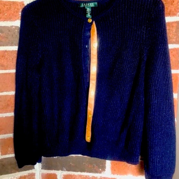NWT RALPH LAUREN Navy Cardigan Gold Buttons Leather Placket M - Picture 4 of 7